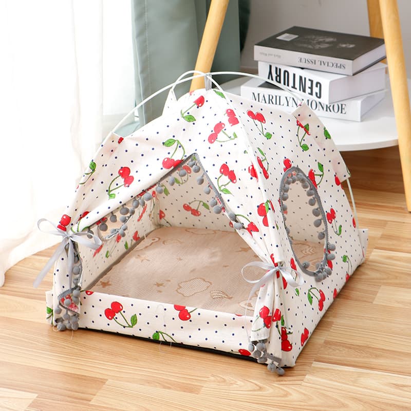 Tente pour chat pliable (tissu, motif cerises, taille S)