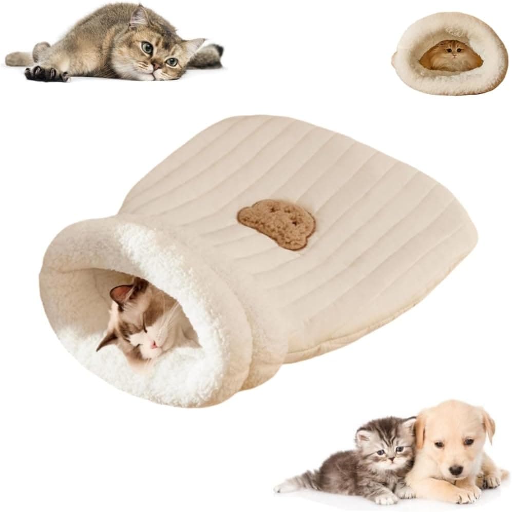 Sac de couchage pour chat en velours et peluche (beige, taille S)